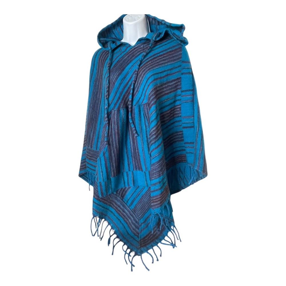 Gypsy Rose Blue Striped Hooded Poncho Made in India One Size